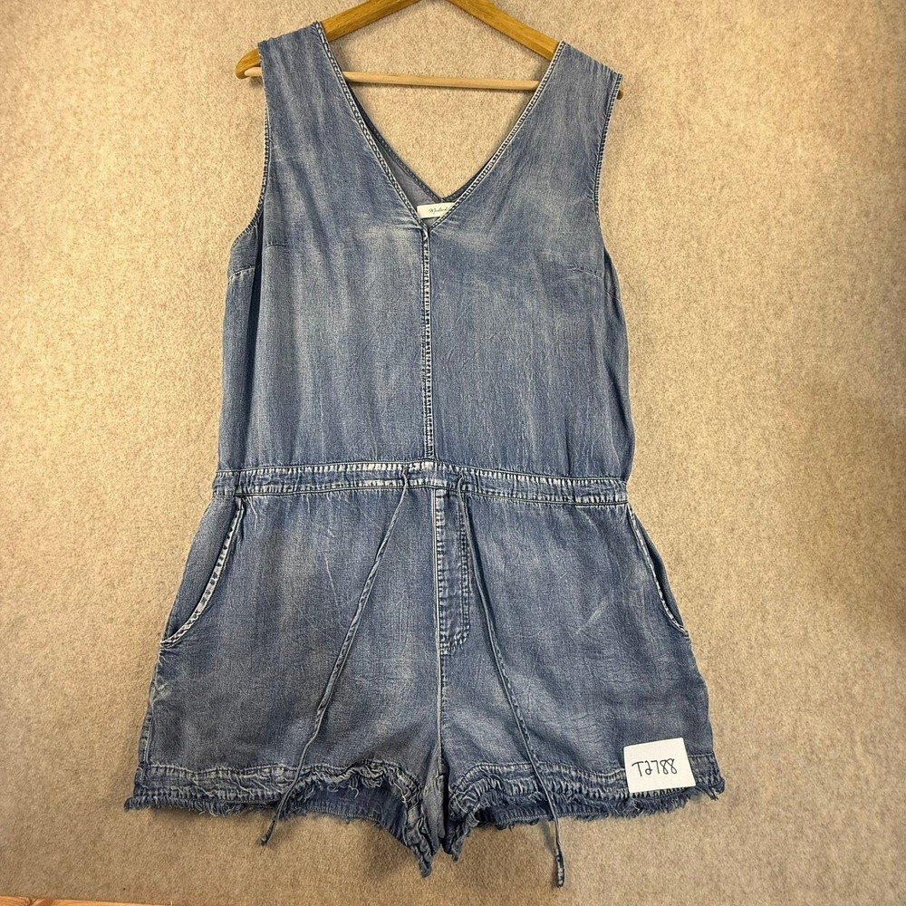 Mustard Seed Blue Denim Look Romper Sleeveless V-Neck Frayed Hem Large